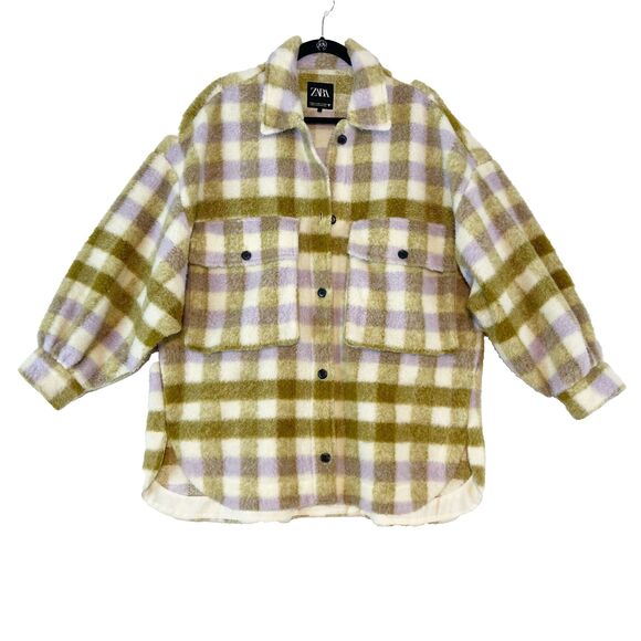 Zara Oversized Shacket Women's M/L Multicolor Plaid Wool Blend Button Up Pockets - Picture 2 of 7